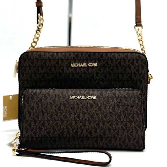 Michael Kors Large EW Crossbody Bag w Matching Continental Wallet Set Brown/Gold